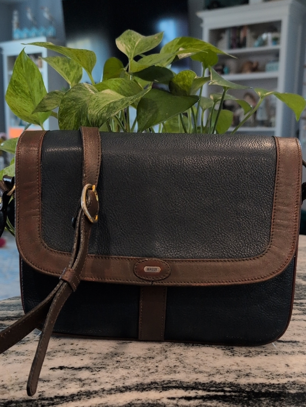 Bally All Leather Navy Crossbody Bag With Brown Trim & Strap - VINTAGE